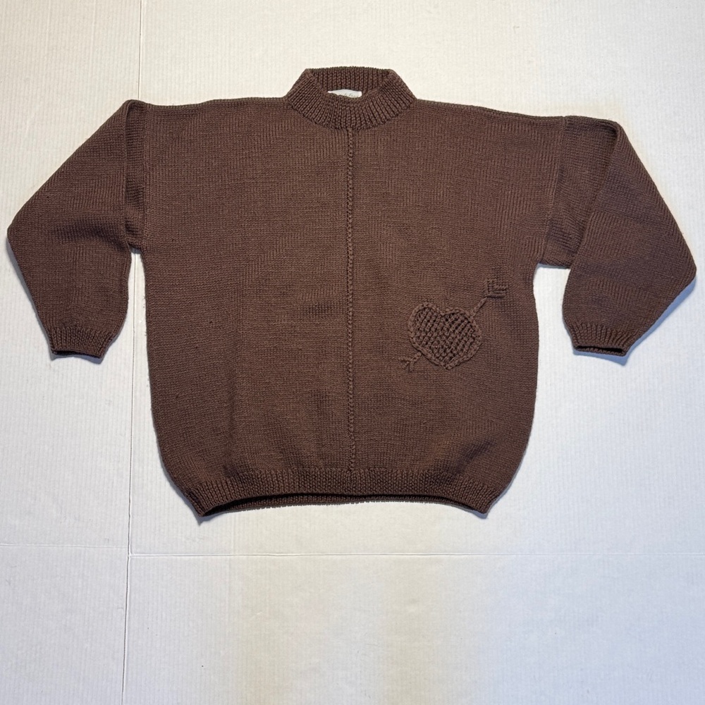 ROBERTA FROST Vintage Hand‎ Knit 100% Virgin Wool Chocolate Brown Heart Detail L